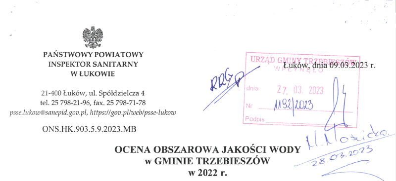Ocena obszarowa jakości wody w Gminie Trzebieszów w 2022 roku