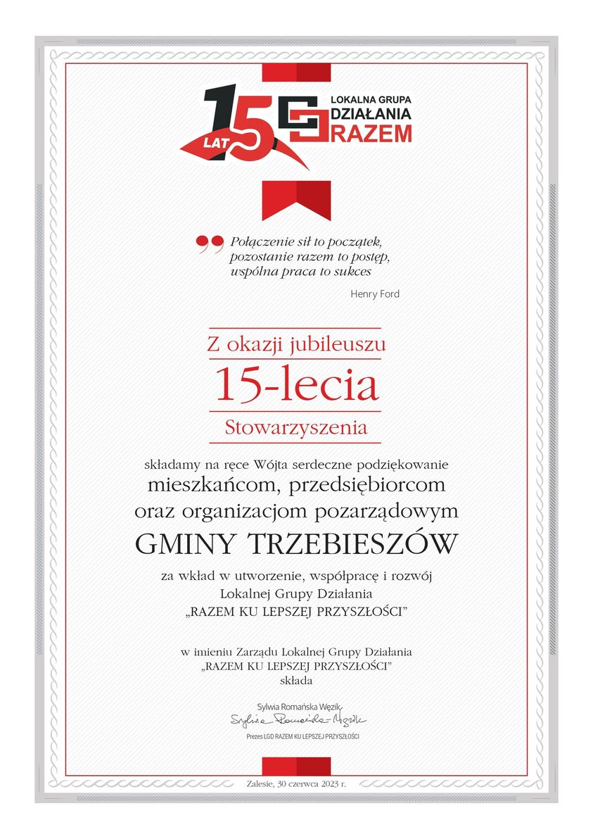 Lokalna Grupa Działania RAZEM, której częścią  jest nasza gmina ma już 15 lat.