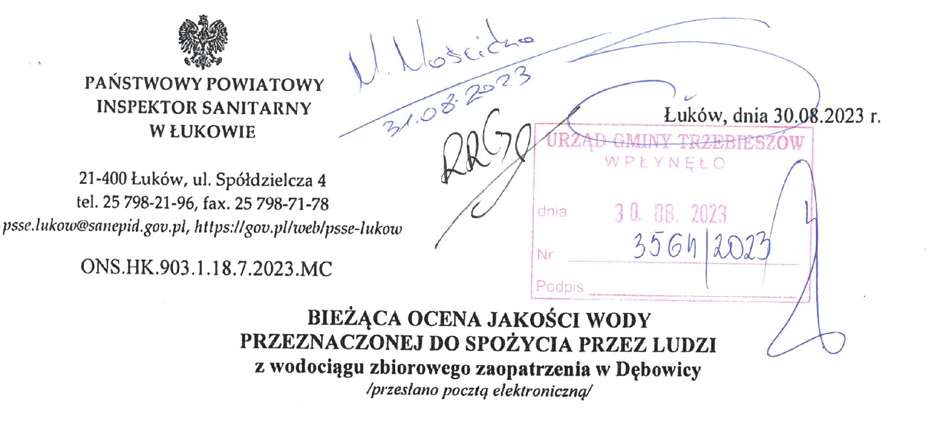 Bieżąca ocena jakości wody przeznaczonej do spożycia przez ludzi z wodociągu zbiorowego w Dębowscy. Stan na 30 sierpnia 2023 r.