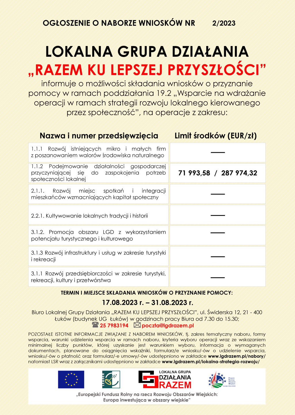 Lokalna Grupa Działania „RAZEM KU LEPSZEJ PRZYSZŁOŚCI” informuje o możliwości składania wniosków o przyznanie pomocy w ramach przedsięwzięcia 1.1.2 Podejmowanie działalności gospodarczej przyczyniającej się do zaspokojenia potrzeb społeczności lokalnej.