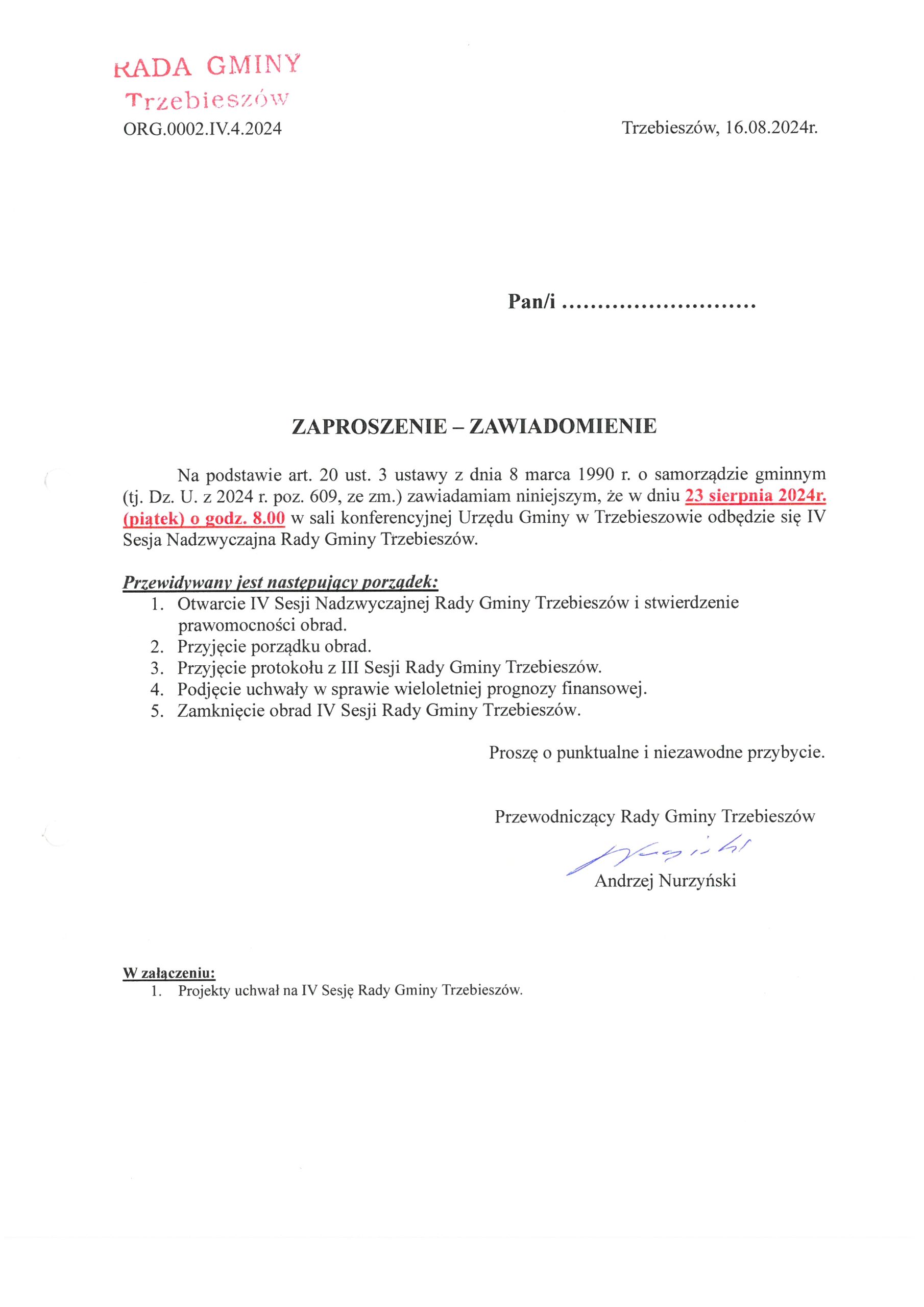 ZAPROSZENIE ZAWIADOMIENIE- IV SESJA NADZWYCZAJNA RADY GMINY TRZEBIESZÓW