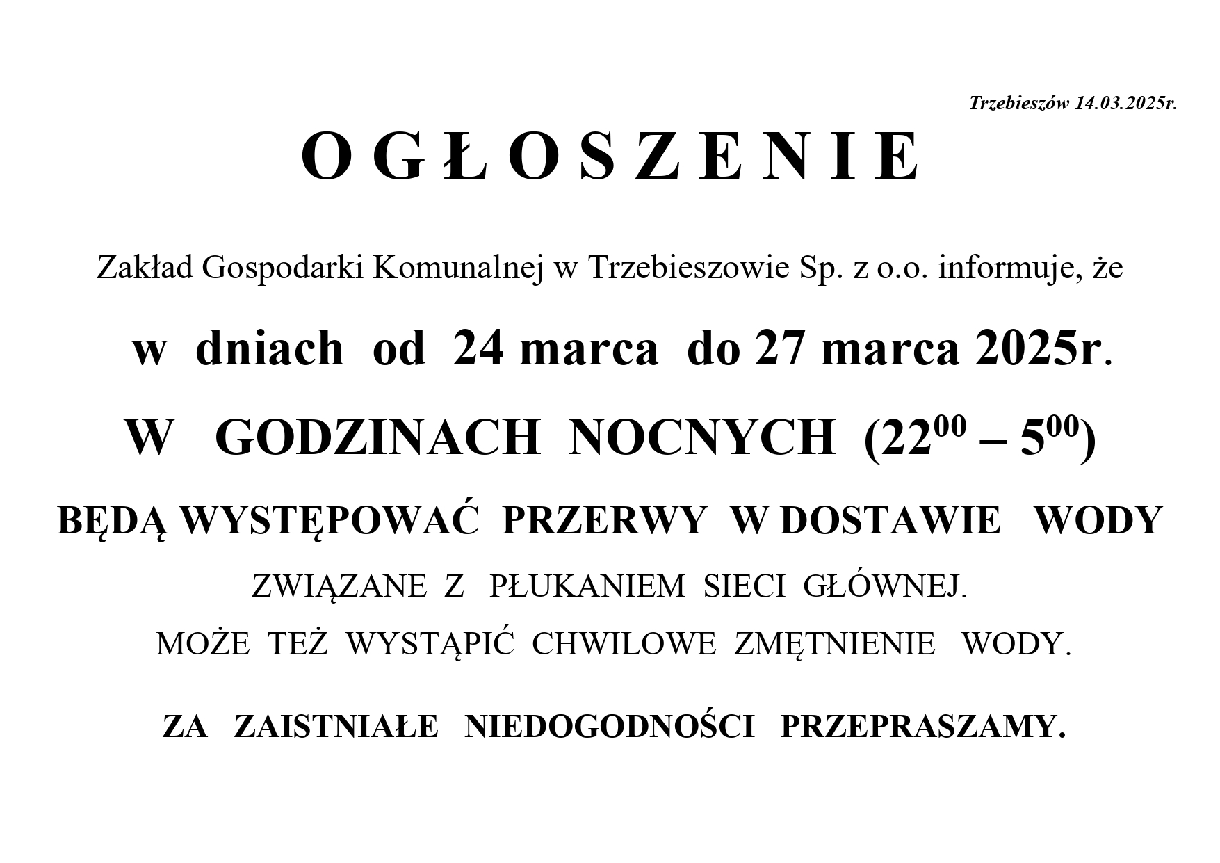 Informacja o płukaniu wodociągów w dniach 24 – 27 marca 2025r.