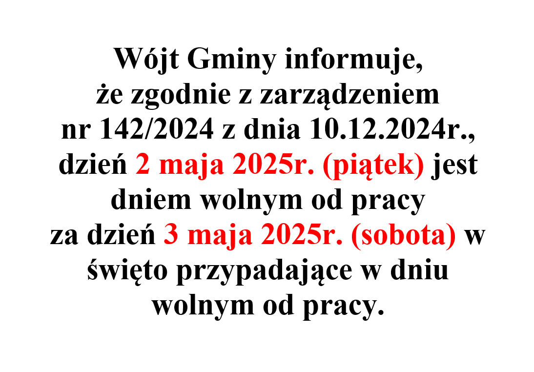 2 maja – dzień wolny od pracy w Urzędzie Gminy
