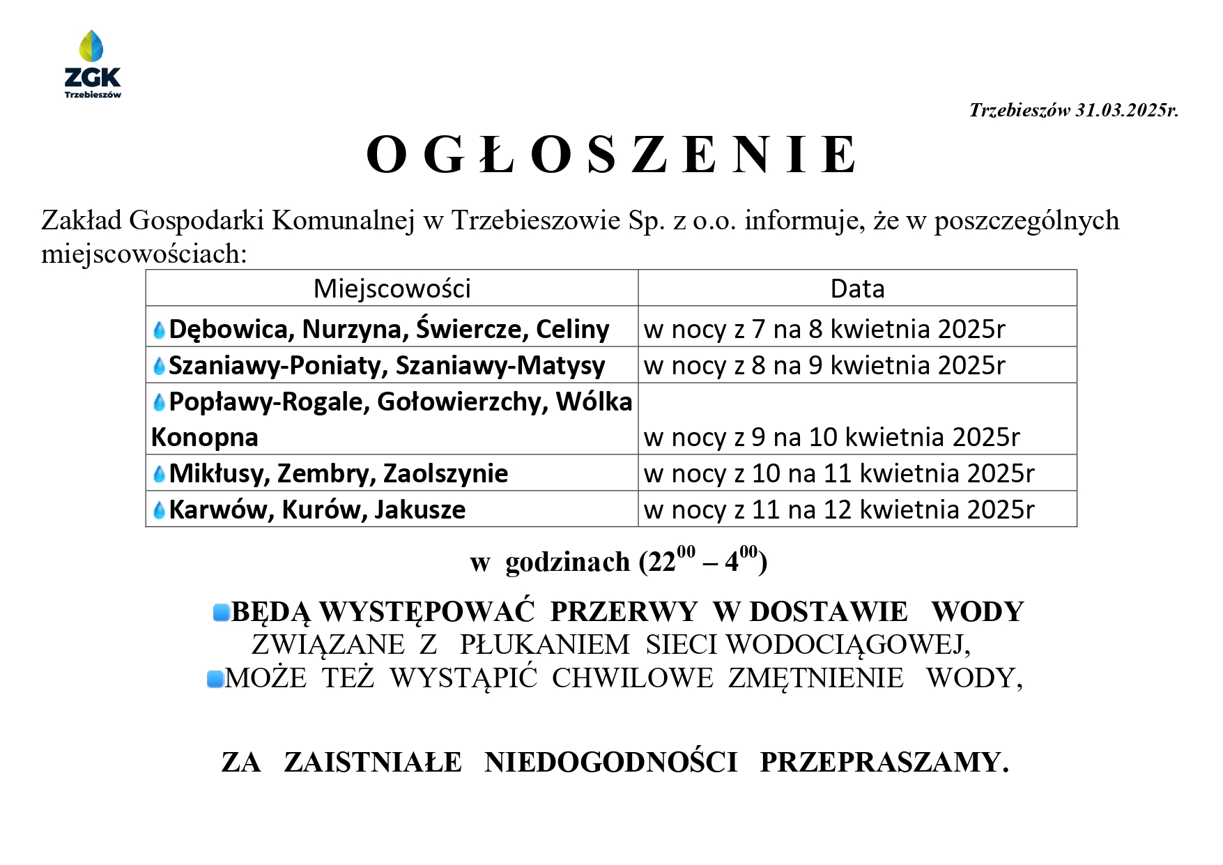 Informacja o przerwach w dostawie wody na terenie Gminy Trzebieszów