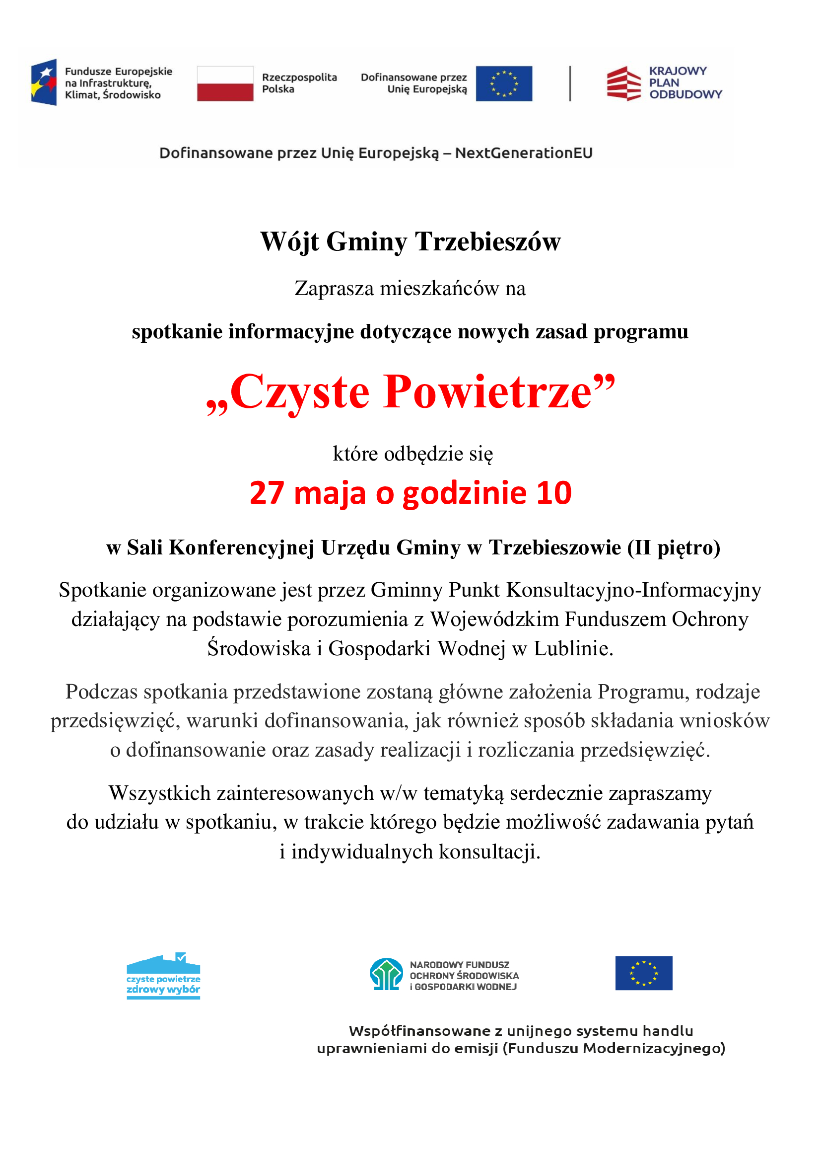 Spotkanie informacyjne dot. nowych zasad programu „Czyste Powietrze” – 27 maja