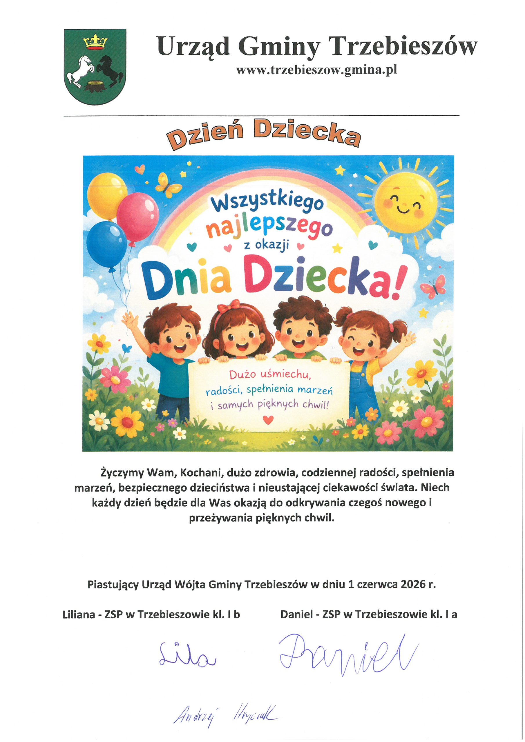 Dzień Dziecka w Urzędzie Gminy Trzebieszów – życzenia
